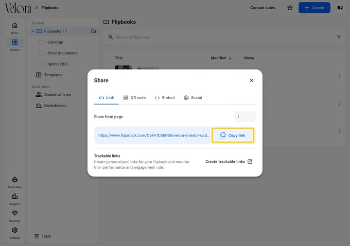 The Share window in Flipsnack on the Link tab with the Copy link button highlighted