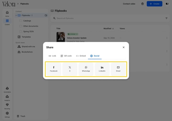 The Social tab of the Share window in Flipsnack showing Facebook, X, WhatsApp, LinkedIn and Email