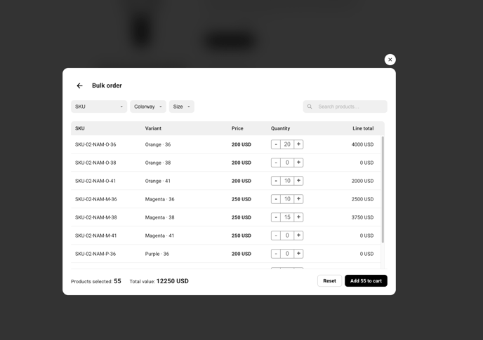 Adding quantities for multiple product variants at once from the product pop-up