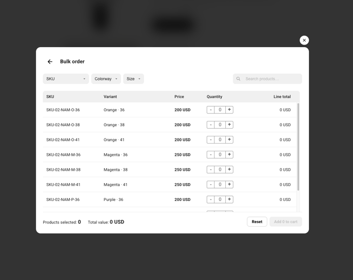 List of all product variants with individual quantity fields in the product pop-up