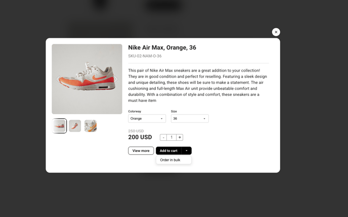 Product pop-up displaying all product variants in a single view for bulk ordering