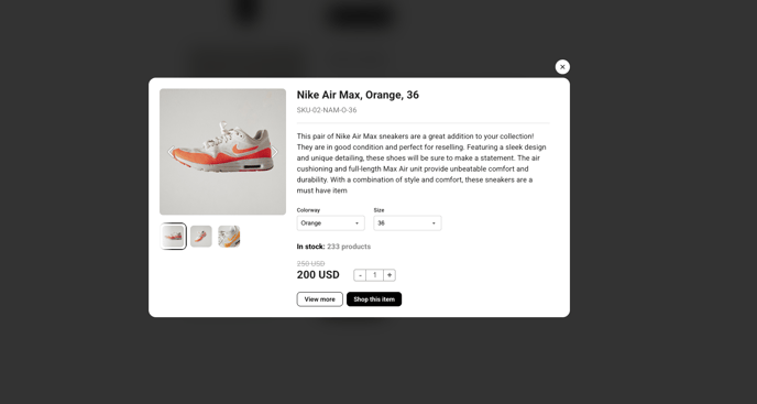 Stock levels displayed in the product pop-up in a Flipsnack catalog