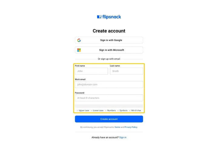 The email registration form with First name, Last name, Work email and Password, and the password requirement chips beneath