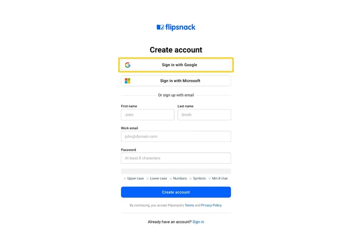 The Sign in with Google button at the top of the Flipsnack sign-up page