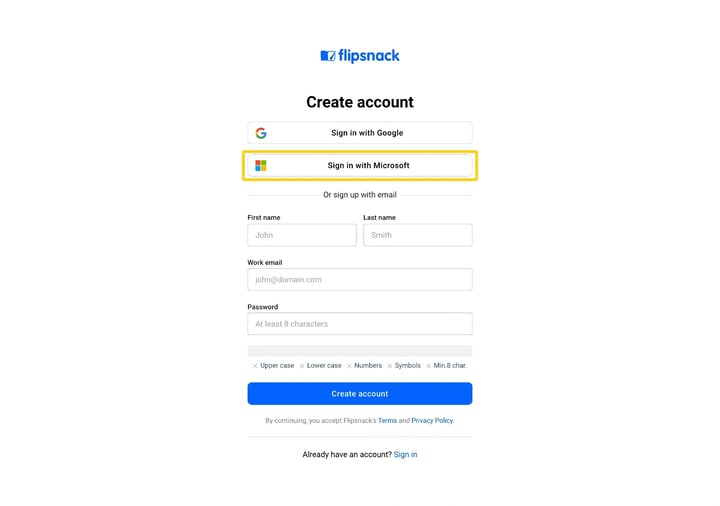 The Sign in with Microsoft button on the Flipsnack sign-up page