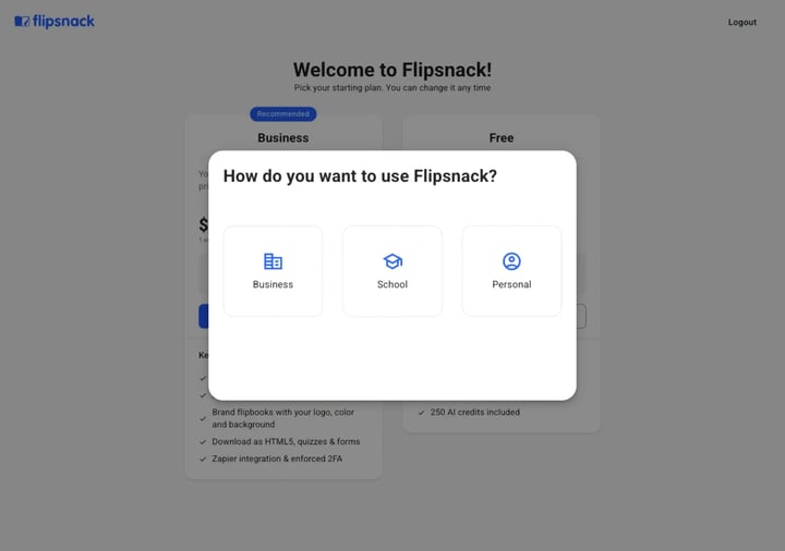 The How do you want to use Flipsnack dialog offering Business, School and Personal