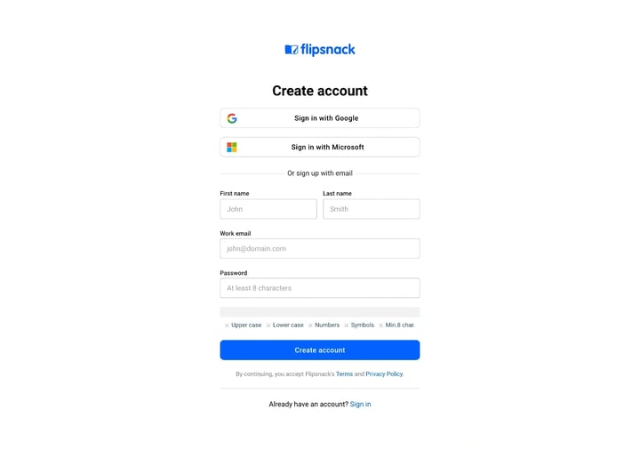 The Flipsnack sign-up page showing the Google and Microsoft buttons above the email registration form
