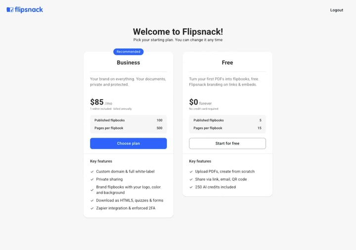 The starting plan screen comparing the Business and Free plans side by side
