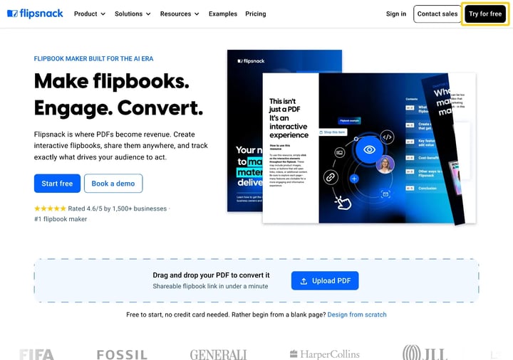 The Try for free button in the top right of the Flipsnack website