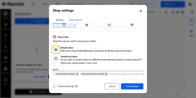Simple inbox selected, with email addresses entered and the confirmation message shown.