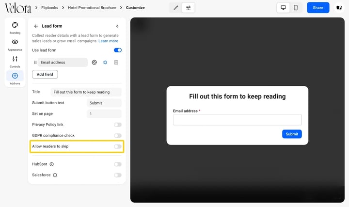 The Allow readers to skip toggle for the lead form