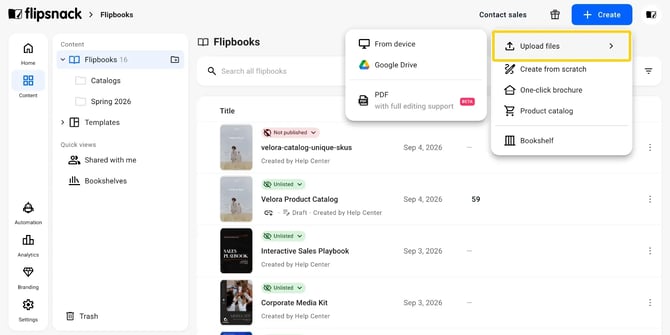 The Create menu, with Upload files open to show From device, Google drive and Edit PDF.