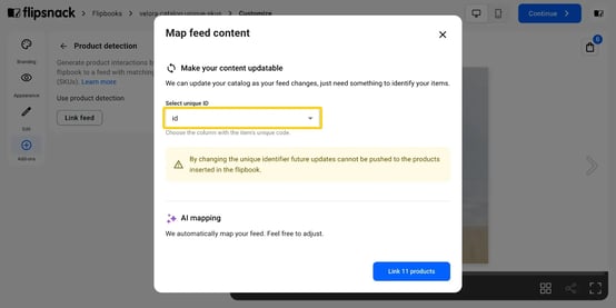The Map feed content dialog, with the SKU column mapped to the SKU field.