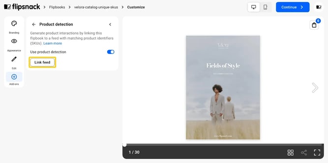 The Product detection section, with the Link feed button.