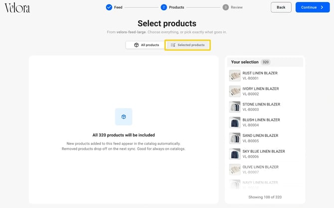 The Select products step with the Selected products option highlighted next to All products