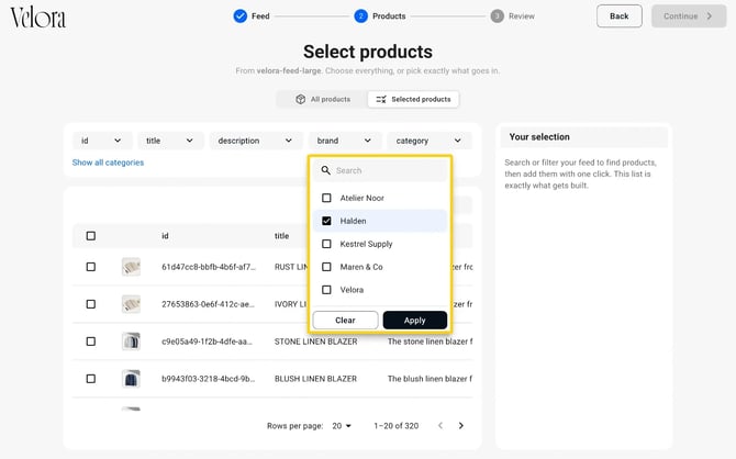 The brand filter open in the Select products step, with the Halden value ticked and the Apply button below the list