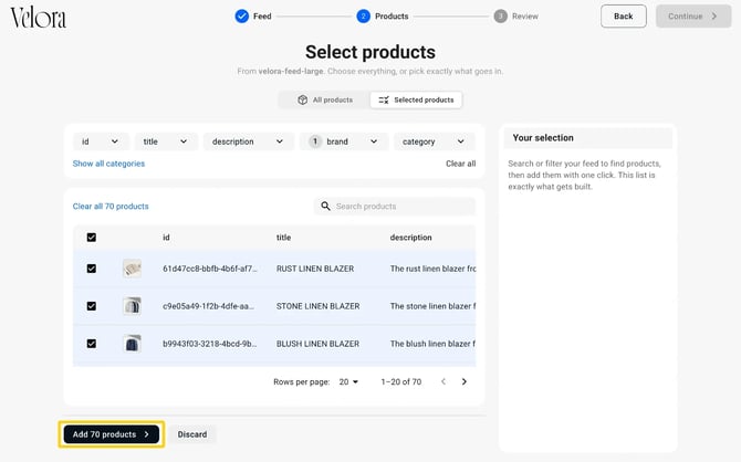 Seventy filtered products ticked in the product table, with the Add 70 products button highlighted in the bar below it