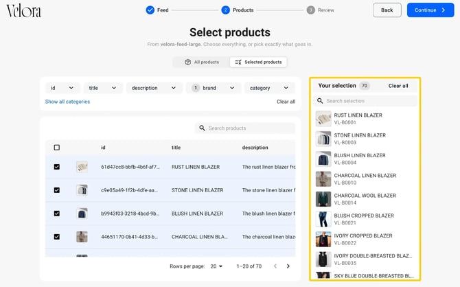 The Your selection panel showing 70 products, with Search selection and Clear all at the top