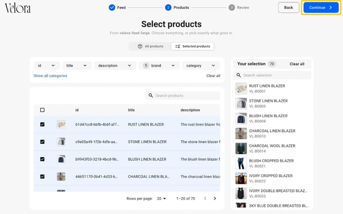 The Continue button highlighted at the top right of the Select products step, after products were added to Your selection