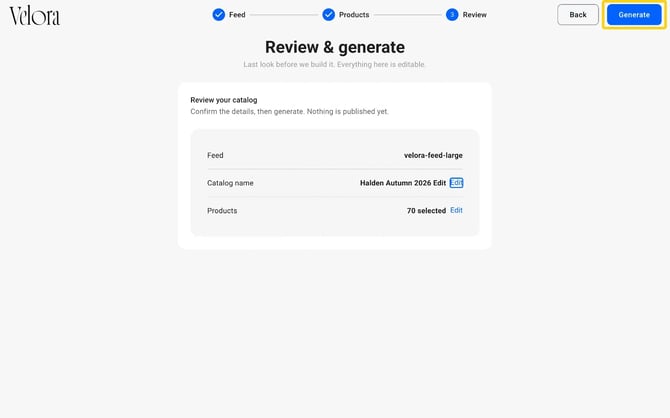The Review and generate step showing the feed, the catalog name Halden Autumn 2026 Edit and 70 selected products, with the Generate button highlighted