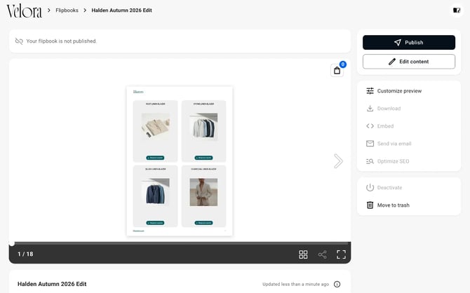 A finished 18-page catalog in Flipsnack, built from the Halden products of a larger master feed, with four products and a Request a quote button on each page