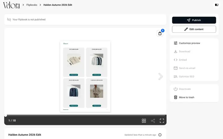 A finished catalog generated in Flipsnack from a product feed, with four products and a Request a quote button on each page