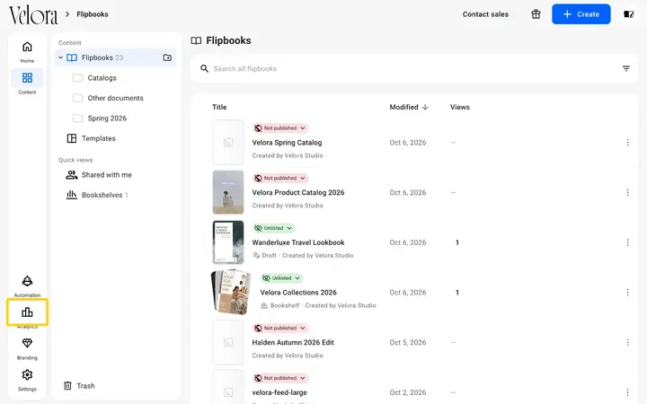 The Flipsnack Content page with the Analytics icon highlighted in the left menu