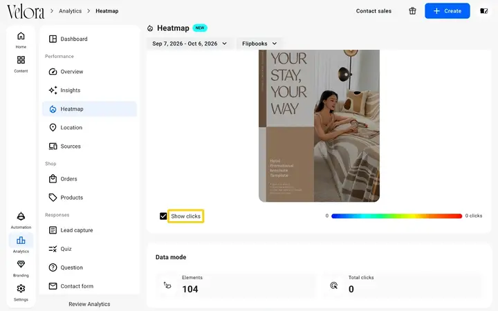 The heatmap of a flipbook page in Flipsnack Analytics with the Show clicks checkbox highlighted