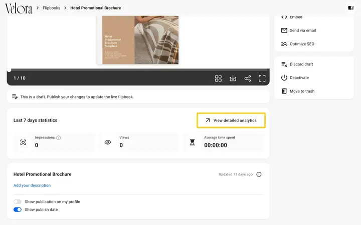 A flipbook page in Flipsnack with the View detailed analytics button highlighted in the Last 7 days statistics section