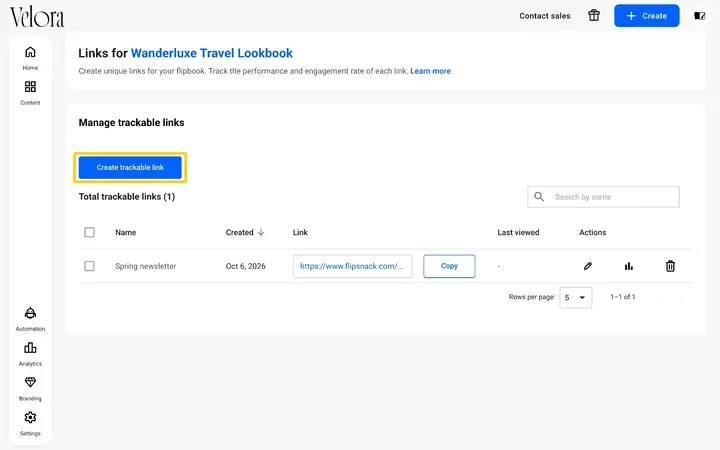 The Links for page in Flipsnack with the Create trackable link button highlighted