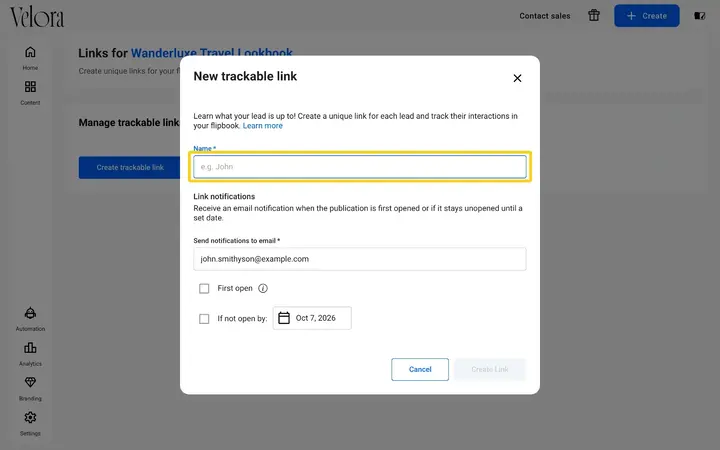 The New trackable link window in Flipsnack with the Name field highlighted
