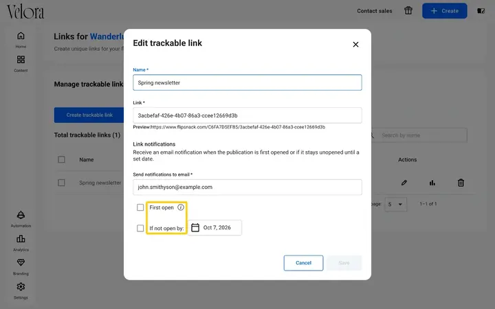 The Edit trackable link window in Flipsnack with the First open and If not open by options highlighted