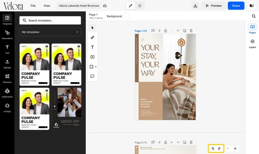 The Design Studio with the undo and redo arrow buttons highlighted in the bottom right corner, to the left of the zoom out and zoom in buttons.