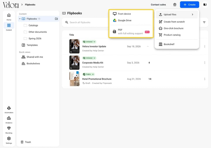 The upload submenu showing From device, Google Drive and PDF with full editing support with its BETA badge