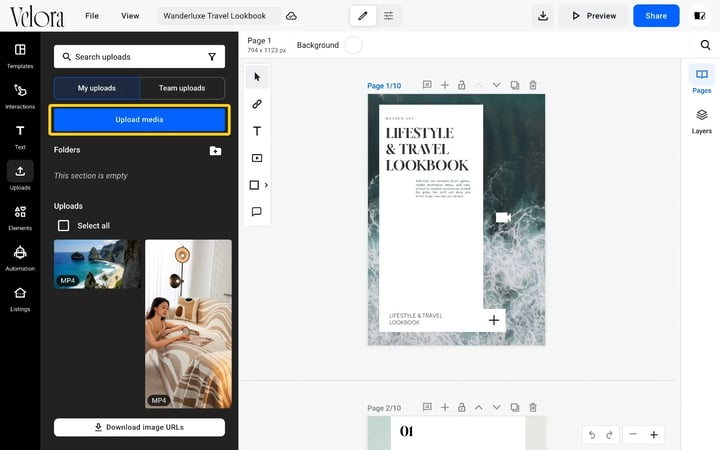 The Uploads tab of the Design Studio with the Upload media button highlighted above the uploaded videos