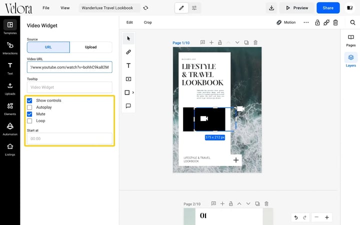 The Video Widget panel with a YouTube link in Video URL and the Show controls, Autoplay, Mute and Loop options highlighted