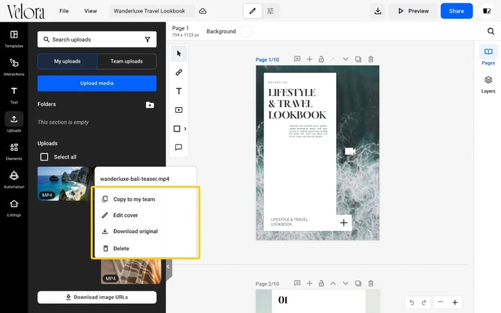 The menu of an uploaded video in Uploads, with Copy to my team, Edit cover, Download original and Delete highlighted