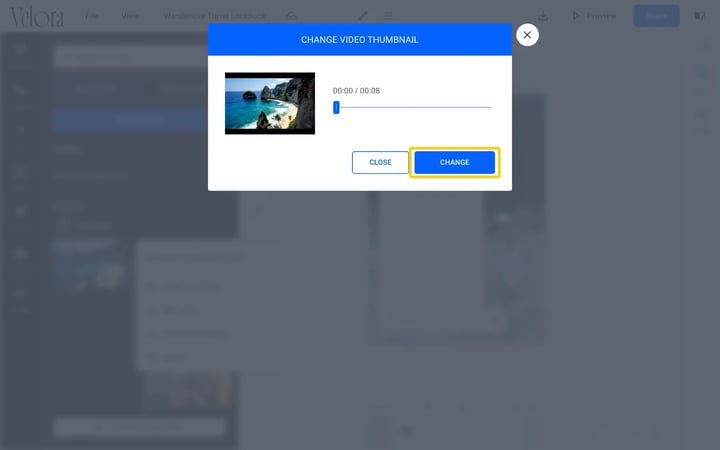 The Change video thumbnail dialog with a frame slider and the Change button highlighted