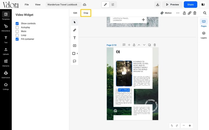 A video selected on a lookbook page in the Design Studio, with the Crop button highlighted in the toolbar above it