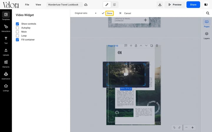 Crop mode with the frame set to the original ratio of the video and the Done button highlighted