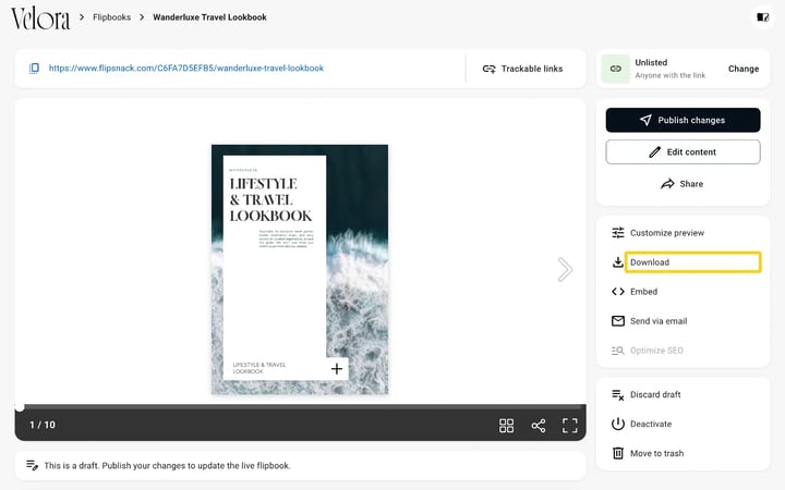 A flipbook page in Flipsnack with the Download option highlighted in the right panel