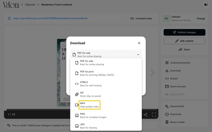 The Download window in Flipsnack with the format list open and the MP4 option highlighted