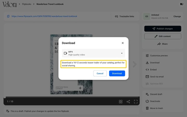 The Download window in Flipsnack with MP4 selected and the 10-12 seconds teaser trailer description highlighted