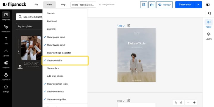 The View menu with Show Zoom Bar checked.
