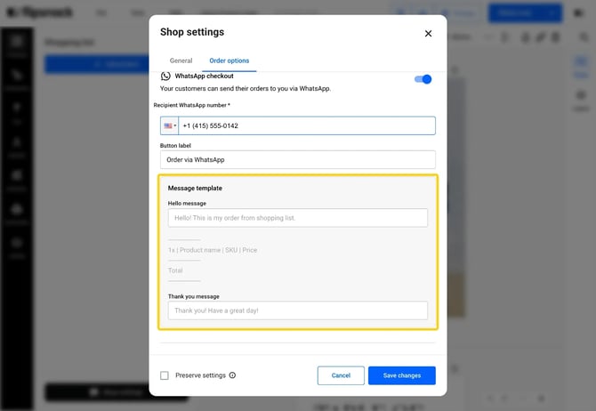 Customize the button label and message template for WhatsApp checkout
