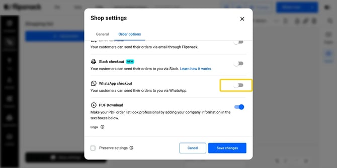Enable WhatsApp checkout from the Order options tab in Shop settings
