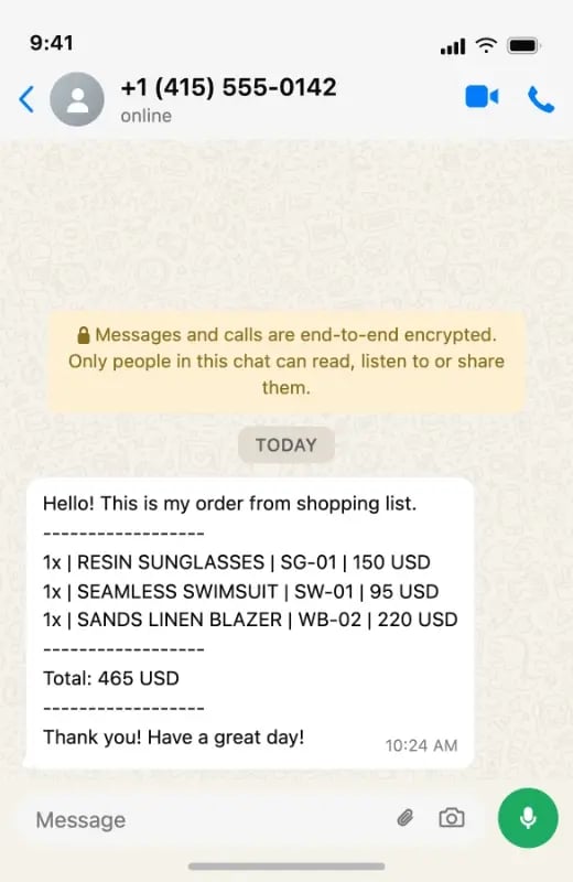 A catalog order received in the seller WhatsApp inbox