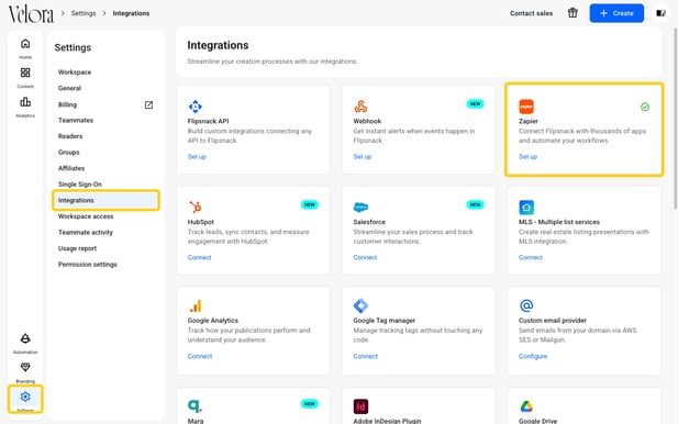 Settings, Integrations page with Zapier, its green check and the Set up link highlighted (step 2)