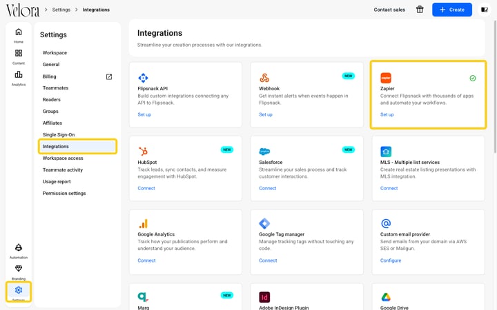 Settings, Integrations page with Zapier, its green check and the Set up link highlighted (step 2)
