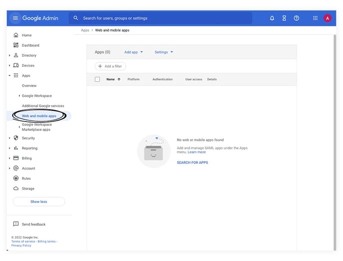 Screenshot of the Google Admin page